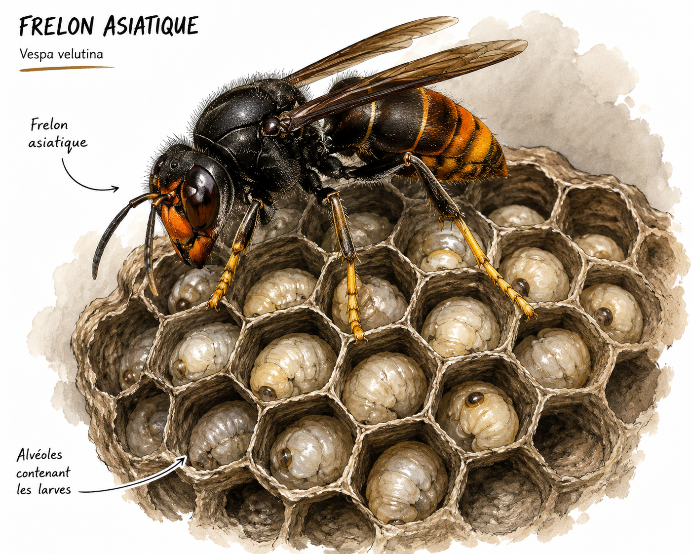 Illustration d'un frelon asiatique sur les alvéoles de son nid